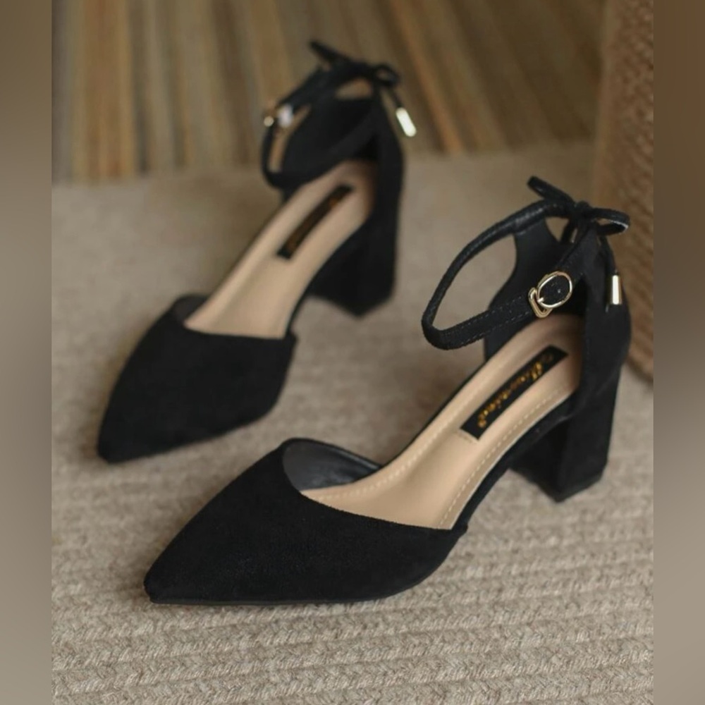 Elegant Black Faux Suede Ankle Strap Pumps